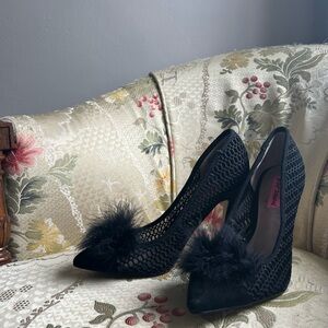Elegant Black Mesh Heels with Feather Detail